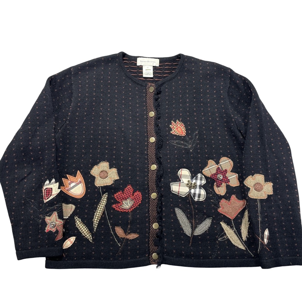 Vintage Susan Bristol Sweater Cardigan Womens M Black Floral Embroidered Boho